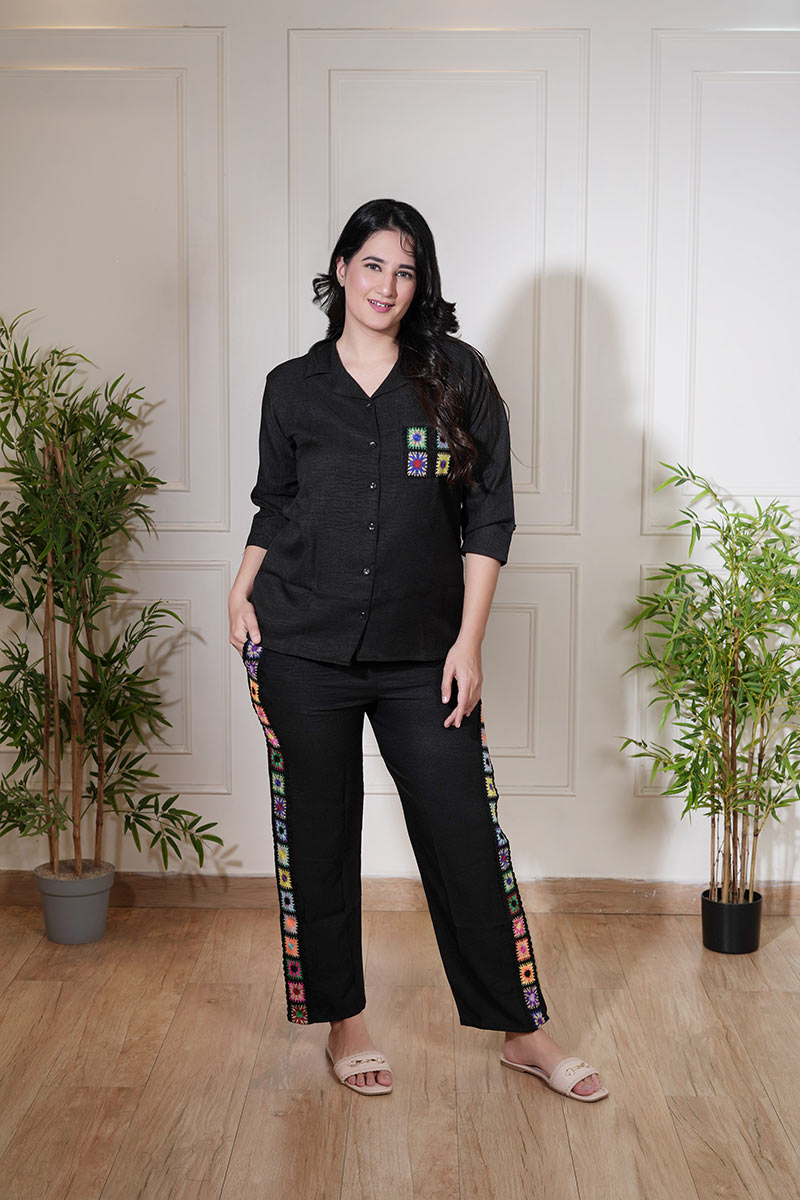 Black Crochet Touch Linen Comfort Co-ord Set