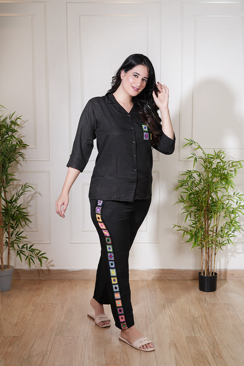 Black Crochet Touch Linen Comfort Co-ord Set