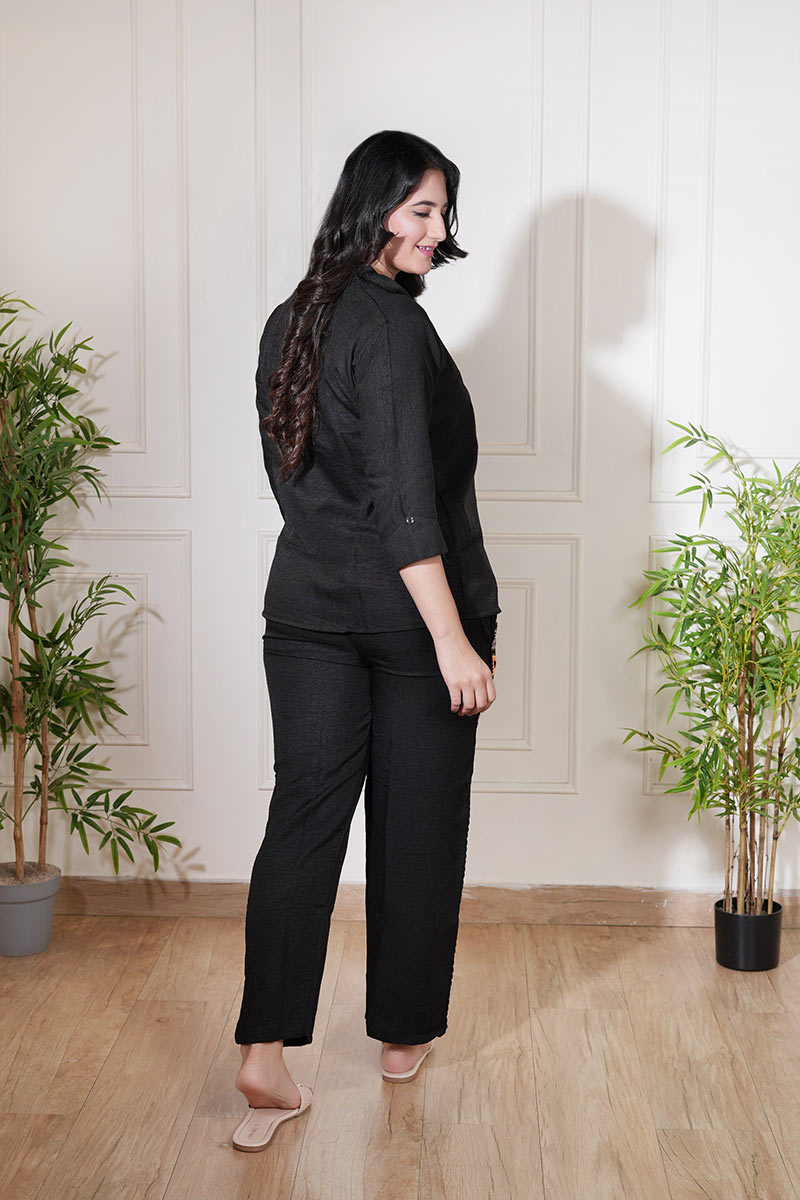 Black Crochet Touch Linen Comfort Co-ord Set