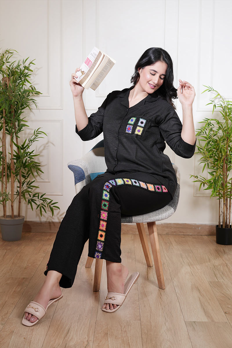 Black Crochet Touch Linen Comfort Co-ord Set