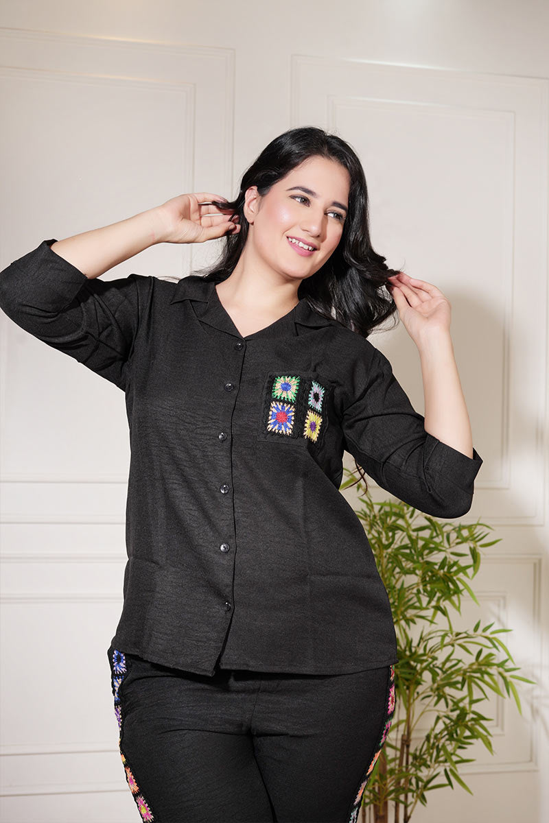 Black Crochet Touch Linen Comfort Co-ord Set