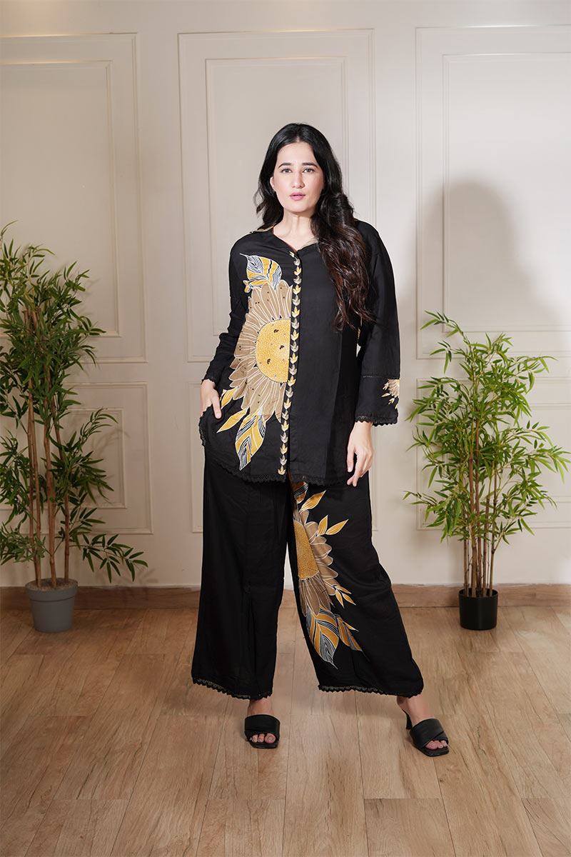 Black Sunflower Printed Co-Ord Set - Premium Two-Piece Outfit