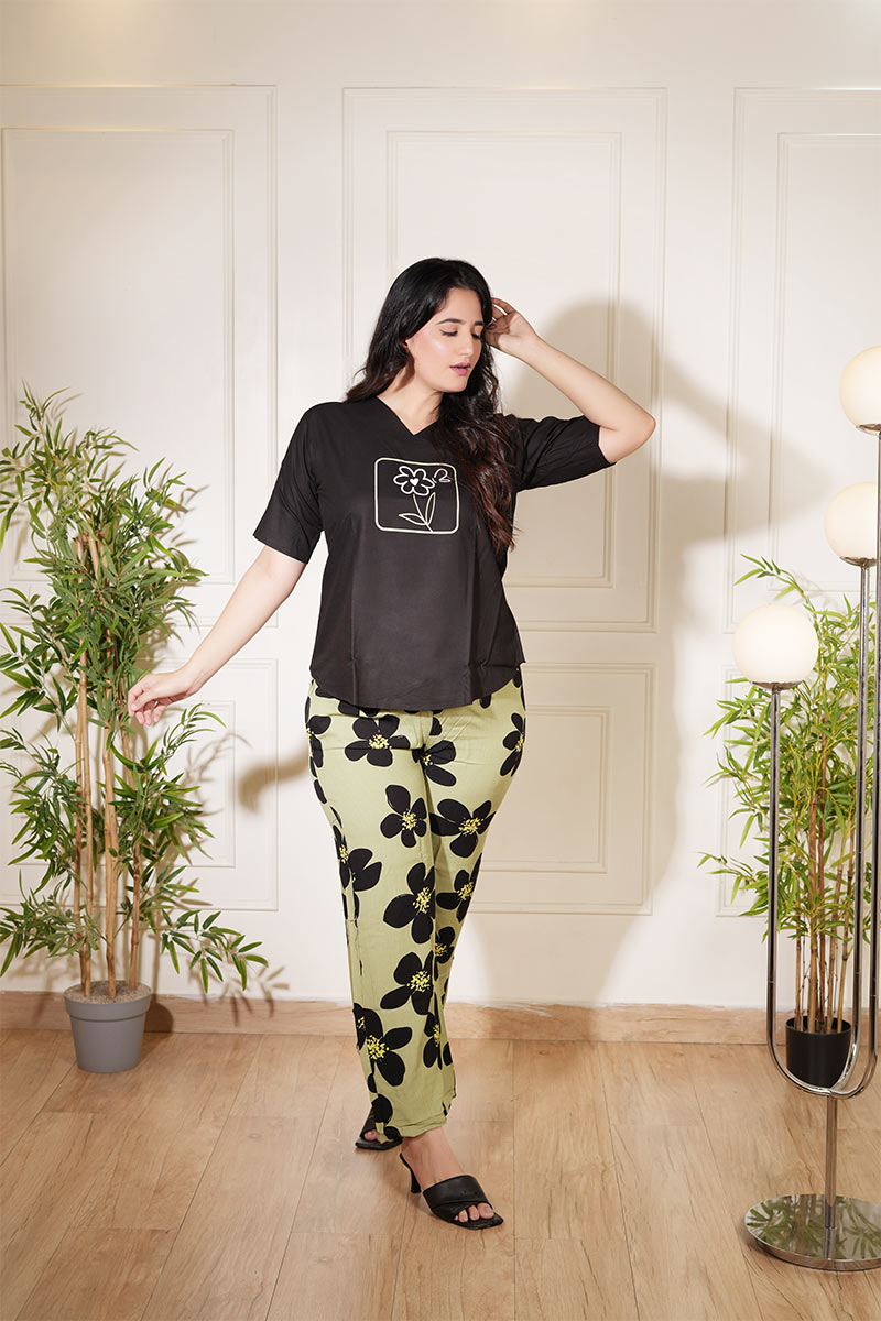 Women’s Black Top & Olive Floral Pant Rayon Co-ord Set