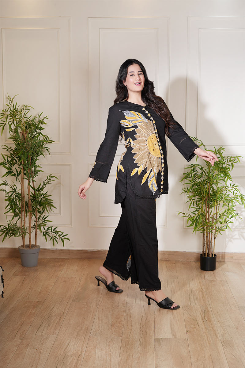 Black Sunflower Printed Co-Ord Set - Premium Two-Piece Outfit
