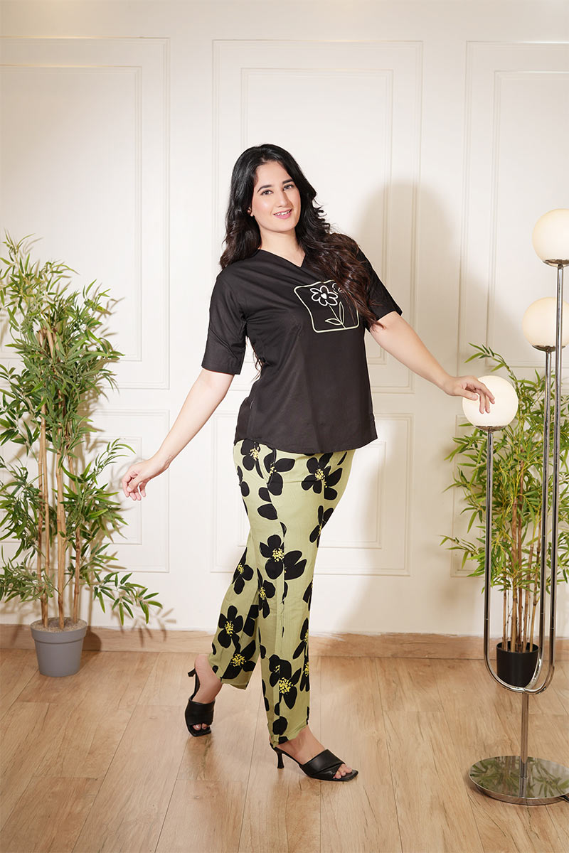 Women’s Black Top & Olive Floral Pant Rayon Co-ord Set