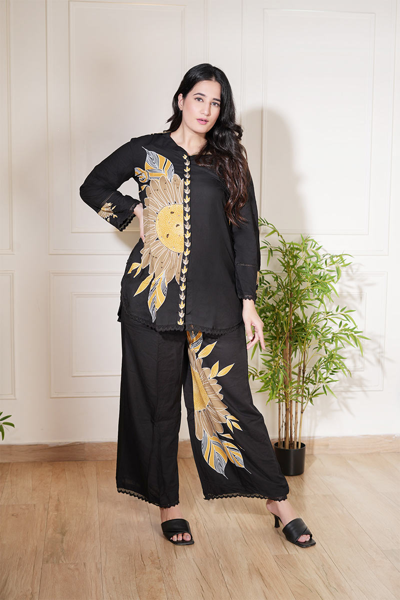 Black Sunflower Printed Co-Ord Set - Premium Two-Piece Outfit