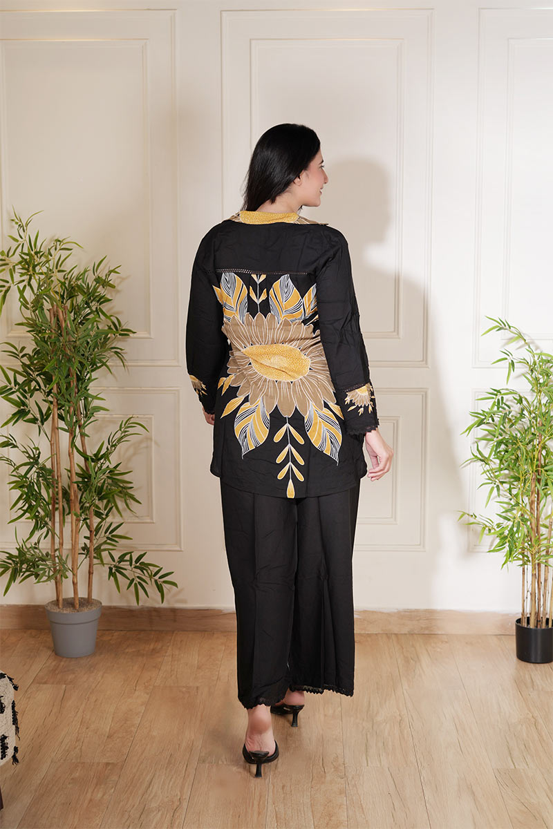 Black Sunflower Printed Co-Ord Set - Premium Two-Piece Outfit