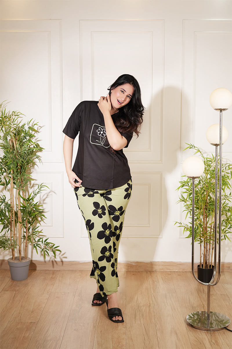 Women’s Black Top & Olive Floral Pant Rayon Co-ord Set