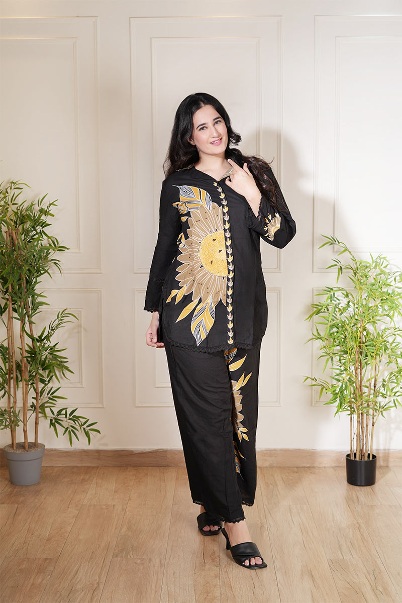 Black Sunflower Printed Co-Ord Set - Premium Two-Piece Outfit