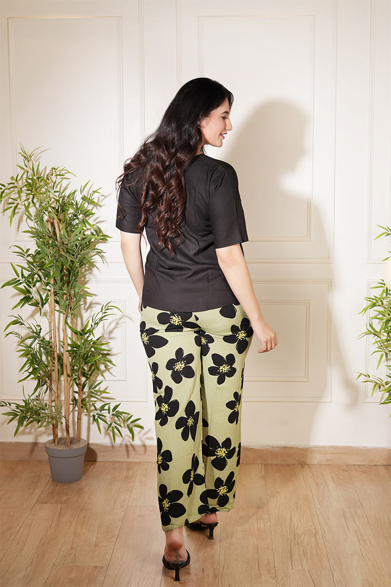 Women’s Black Top & Olive Floral Pant Rayon Co-ord Set