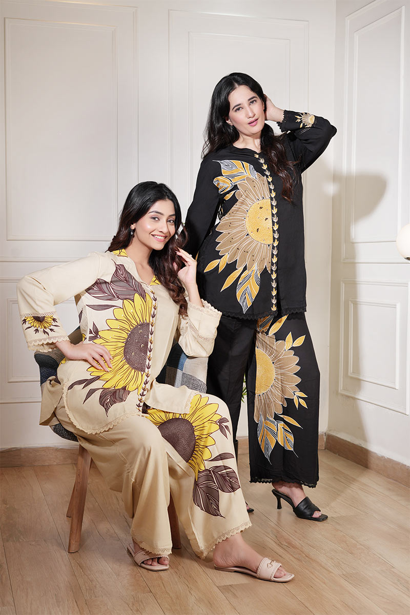 Black Sunflower Printed Co-Ord Set - Premium Two-Piece Outfit