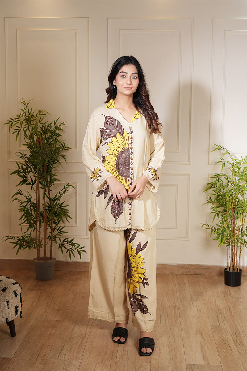 Elegant Beige Sunflower Printed Co-Ord Set - Premium Two-Piece Outfit