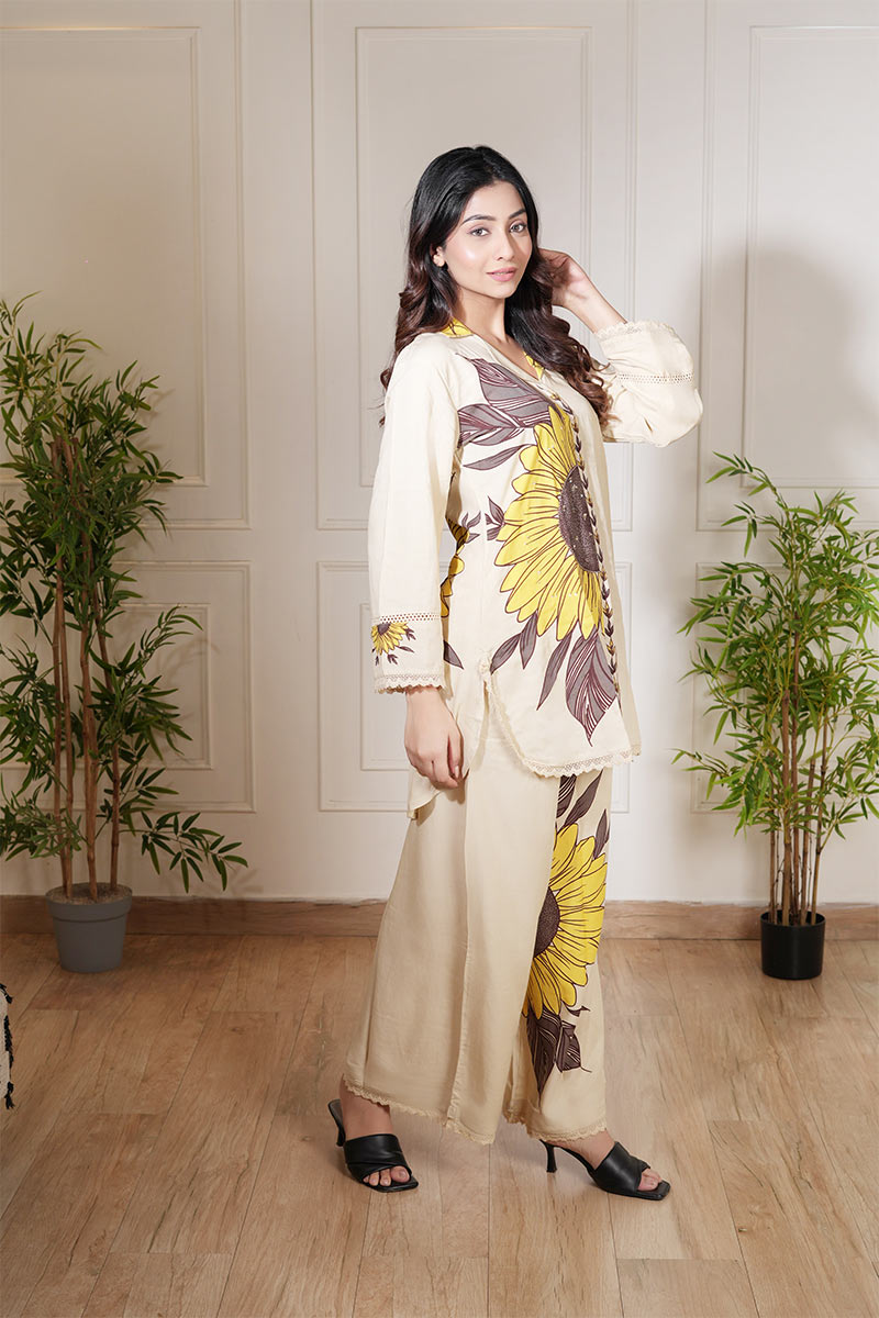 Elegant Beige Sunflower Printed Co-Ord Set - Premium Two-Piece Outfit