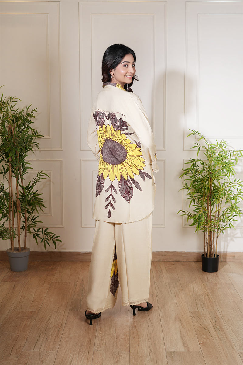 Elegant Beige Sunflower Printed Co-Ord Set - Premium Two-Piece Outfit
