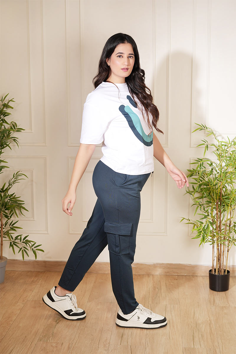 Women’s Oversized Graphic T-Shirt & Cargo Jogger Pants Set | Cotton Lycra Streetwear Co-Ord Set