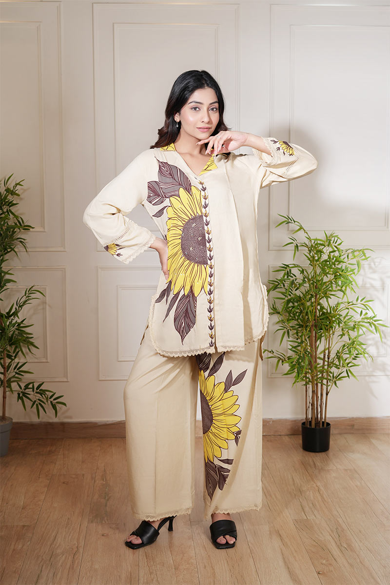 Elegant Beige Sunflower Printed Co-Ord Set - Premium Two-Piece Outfit