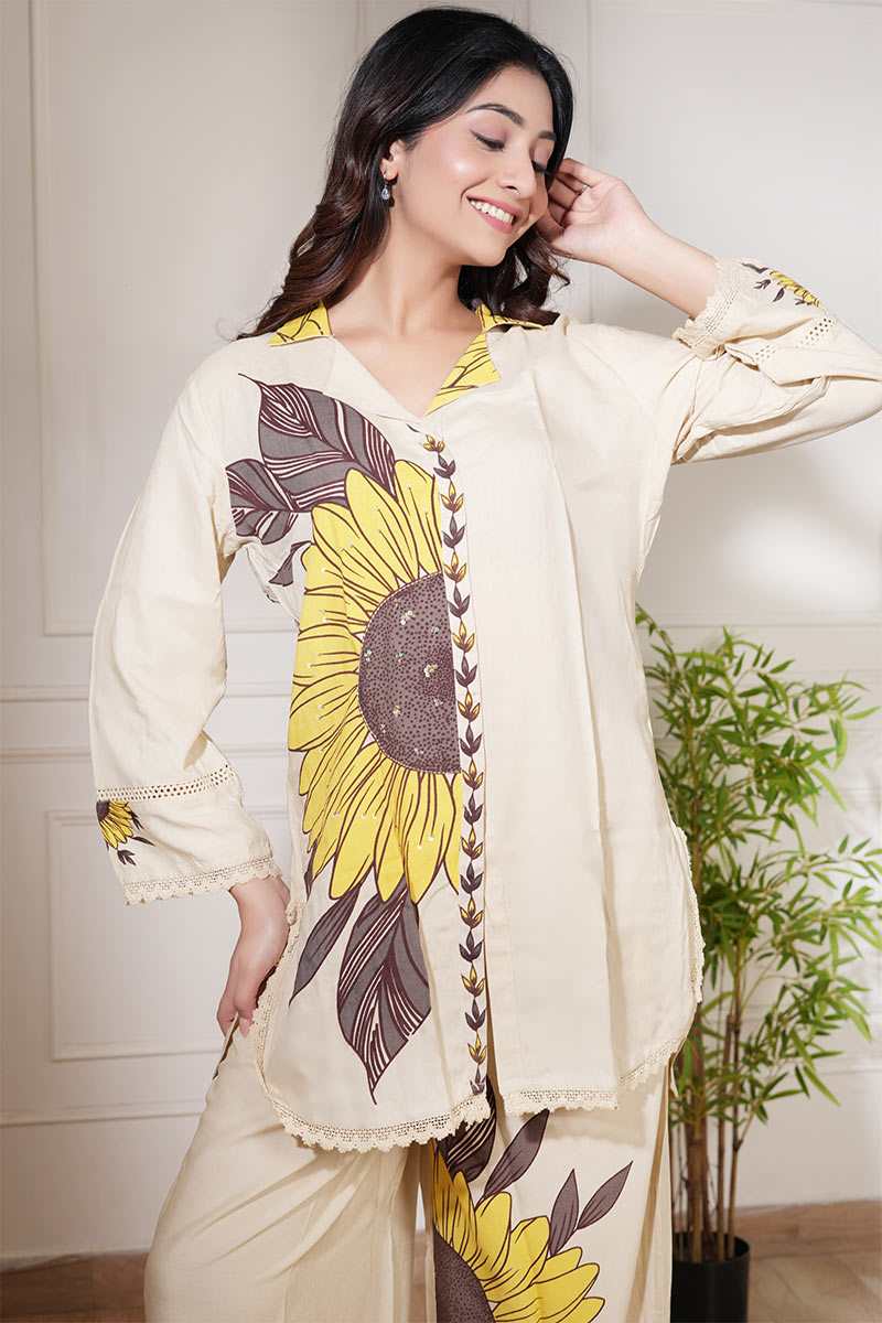 Elegant Beige Sunflower Printed Co-Ord Set - Premium Two-Piece Outfit