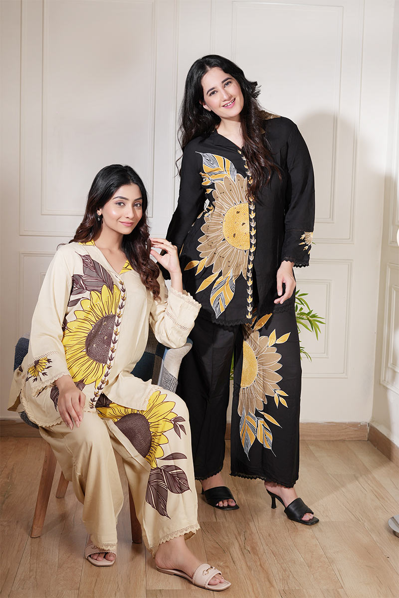 Elegant Beige Sunflower Printed Co-Ord Set - Premium Two-Piece Outfit