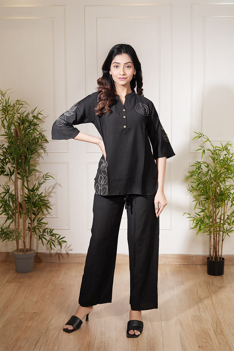 Classic Black Linen Co-Ord Set with Embroidered Detailing