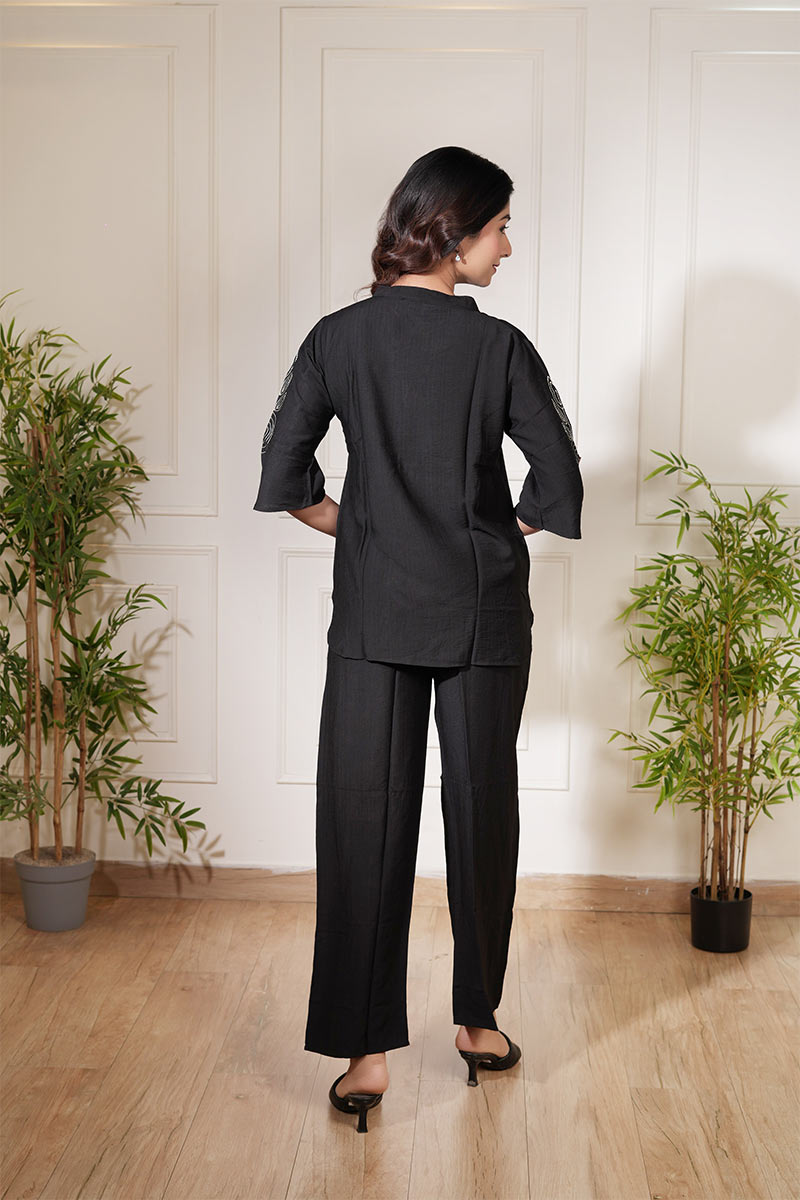 Classic Black Linen Co-Ord Set with Embroidered Detailing