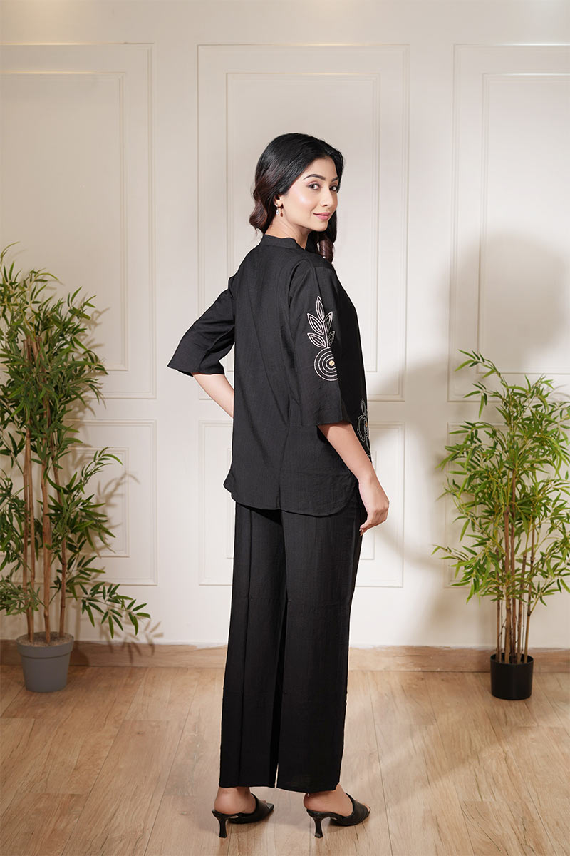 Classic Black Linen Co-Ord Set with Embroidered Detailing