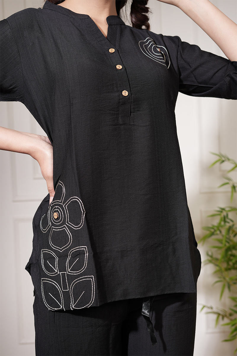 Classic Black Linen Co-Ord Set with Embroidered Detailing