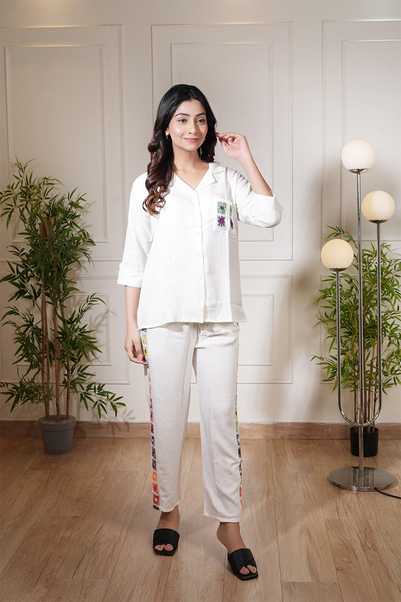 White Linen Co-ord Set with Colorful Crochet Detailing